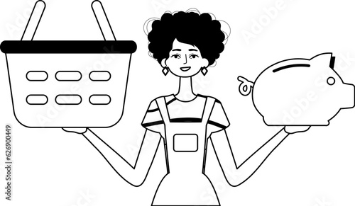 The daughter is holding a hoggish surfeit share save bank and a stigmatize handcart . bootleg and white analogue stylus. Trendy style, Vector Illustration