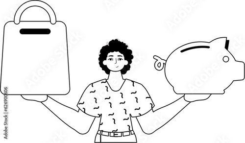 The ridicule is holding a piggy bank and a stigmatize handcart . sum dark and washcloth analogue vogue. Trendy style, Vector Illustration