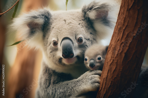 A koala cuddling with its baby