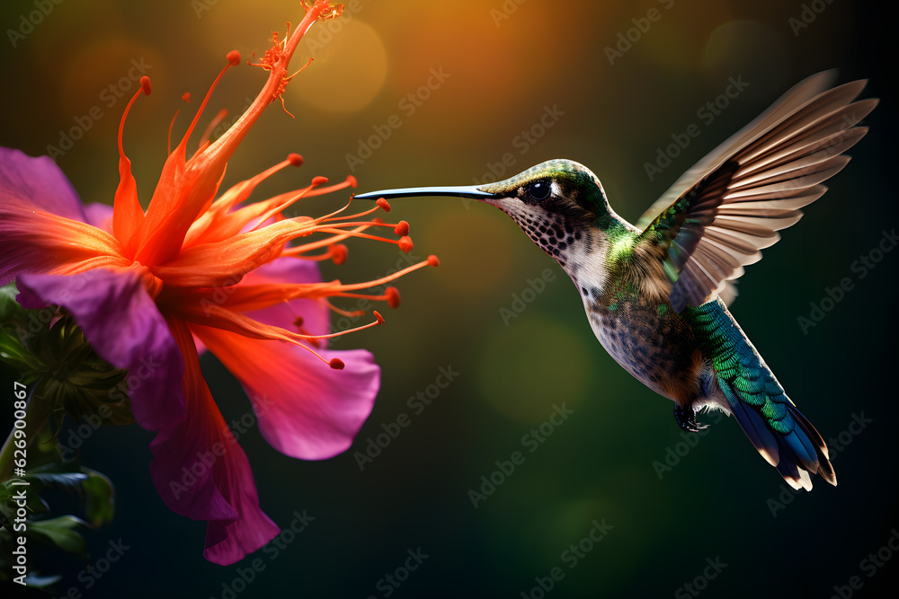 A hummingbird drinking nectar from a flower A hummingbird drinking nectar from a flower