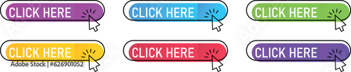 Click here button with arrow pointer clicking icon. Click here vector web button. Click here 3d push button.