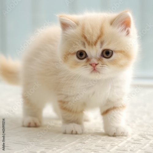 Portrait of a cream Exotic Shorthair kitten standing in a light room beside a window. Beautiful cute Exotic Shorthair kitty at home. Portrait of a little cat with fluffy fur looking down.