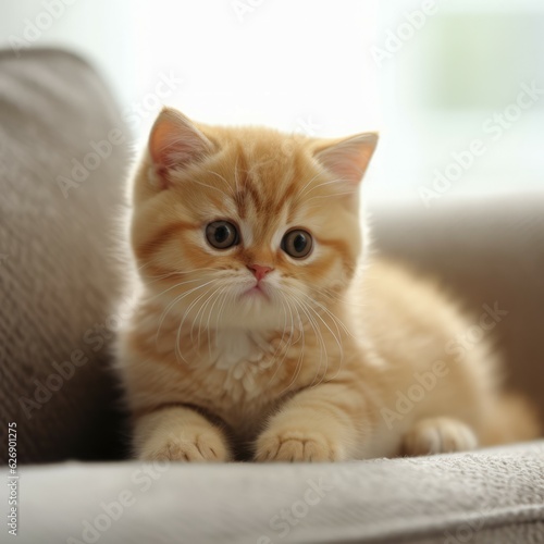 Portrait of a red Exotic Shorthair kitten looking forward. Portrait of a cute little cat with fluffy fur sitting in a light room beside a window. Beautiful Exotic Shorthair kitty at home.