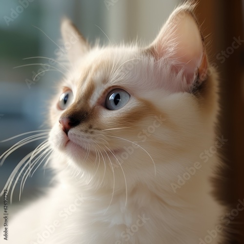 Portrait of a Balinese kitten sitting in a light room beside a window. Closeup face of a cute little Balinese kitty at home. Portrait of beautiful young cat with sleek fur looking out the window.
