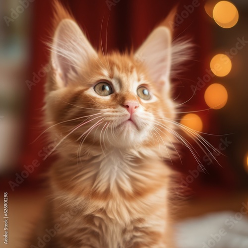 Portrait of a cute red Maine Coon kitten looking up. Portrait of an adorable Maine Coon kitty with thick red fur sitting in a light room beside a window. Beautiful small cat at home. © Valua Vitaly
