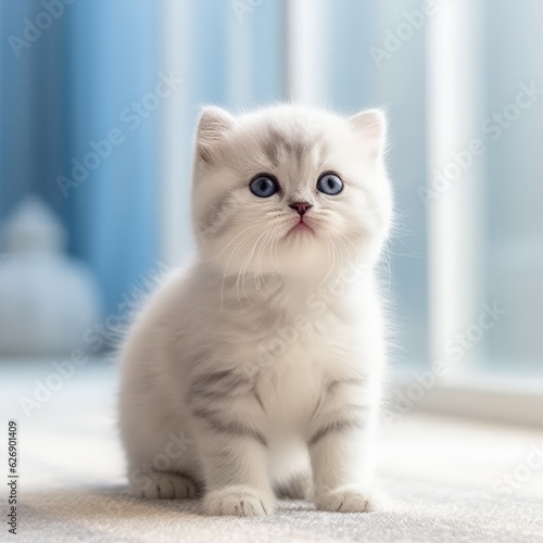 Portrait of a blue Scottish Fold kitten looking up. Portrait of a cute little Scottish fold kitty with sleek gray fur sitting in a light room beside a window. Beautiful small cat at home.
