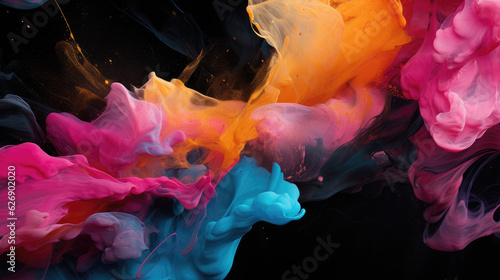 Abstract piece of work on a black background, in the style of pink and amber, vibrant brushstrokes, cyan and amber, interactive artwork, focus stacking, light white and orange, Ai Generative