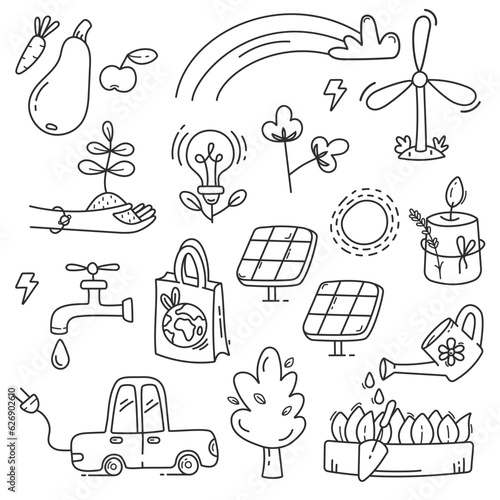 A set of icons on the theme of ecology. Black and white line art, sketch.