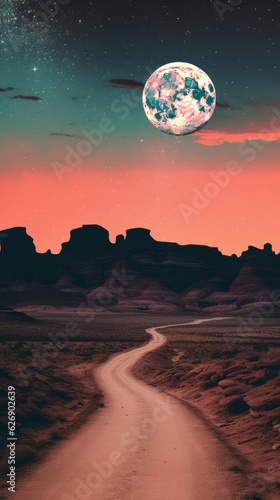 Empty road with a full moon  in the style of pop culture collages  desertwave  light pink and indigo  conceptual playlists  whiplash curves  lo-fi aesthetics Ai Generative
