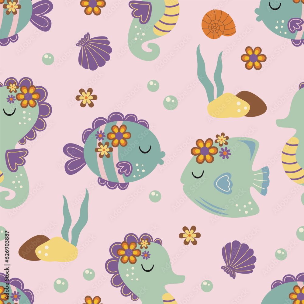 seamless pattern with fish, seahorse