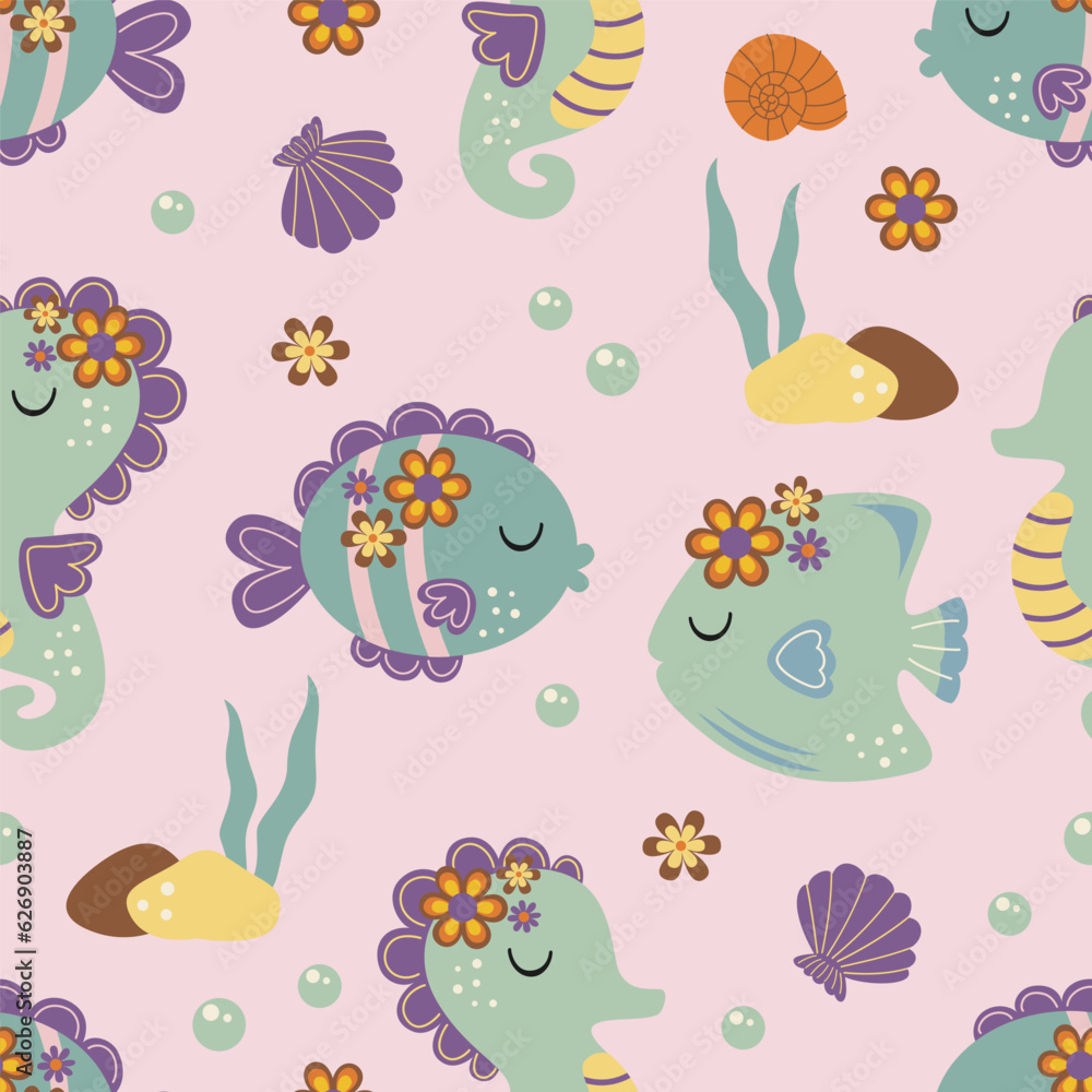 Naklejka premium seamless pattern with fish, seahorse