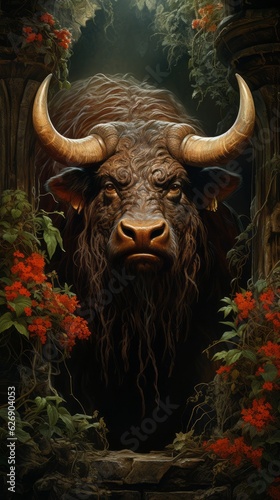 Big animal with horns, front view. Beautiful illustration picture. Generative AI