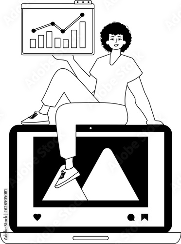 Guy , photograph and growth graph . social network root . bootleg and White linear style. Trendy style, Vector Illustration