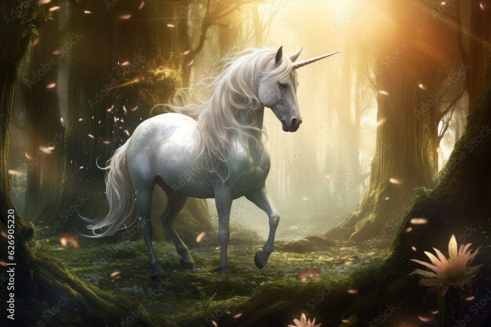 Fototapeta premium Unicorn in a magical forest. Beautiful illustration picture. Generative AI