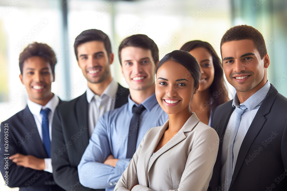 A diverse group of businesspeople poses for a professional team photo, exuding confidence and professionalism, while looking smart and impeccable. Generative AI. A diverse group of businesspeople poses for a professional team photo, exuding confidence and professionalism, while looking smart and impeccable. Generative AI.