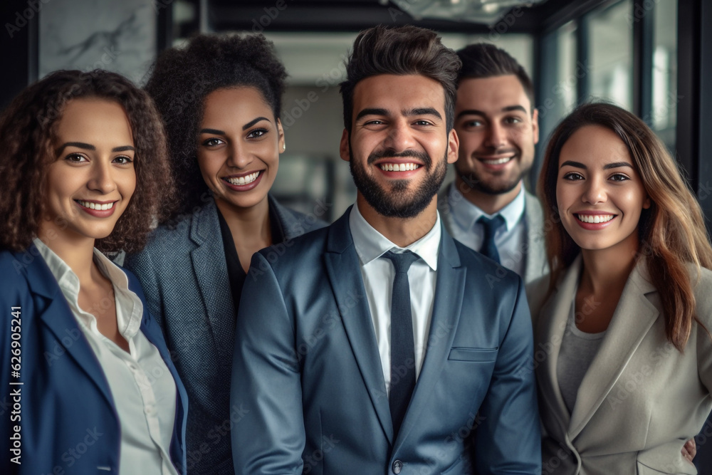 A diverse group of businesspeople poses for a professional team photo, exuding confidence and professionalism, while looking smart and impeccable. Generative AI. A diverse group of businesspeople poses for a professional team photo, exuding confidence and professionalism, while looking smart and impeccable. Generative AI.