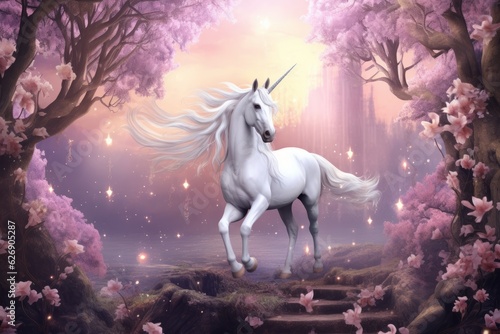 Unicorn in a magical forest. Beautiful illustration picture. Generative AI