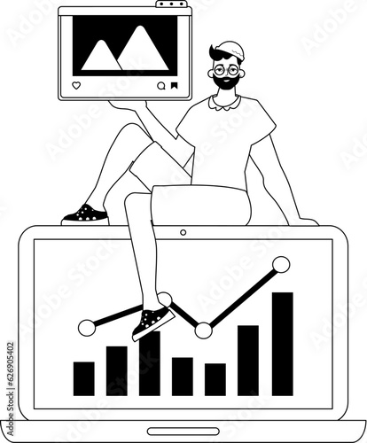 Guy , photograph and issue graph . social network settle . bootleg and white linear manner. Trendy style, Vector Illustration