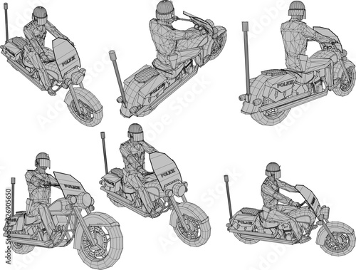 Sketch vector illustration of a police patrol on the road wearing a vintage classic old racing motorbike
