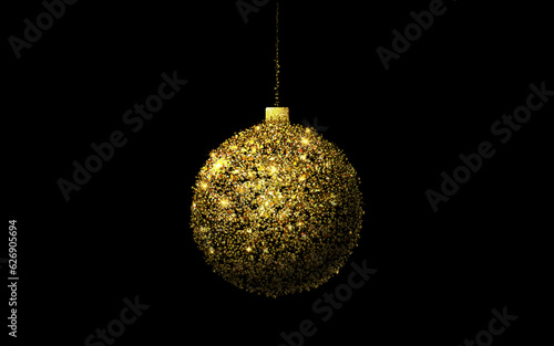 Golden luxury Christmas ball isolated on black background. Bright glowing noel ball with glitter effect. Merry Christmas decoration design. Xmas bauble. Vector illustration
