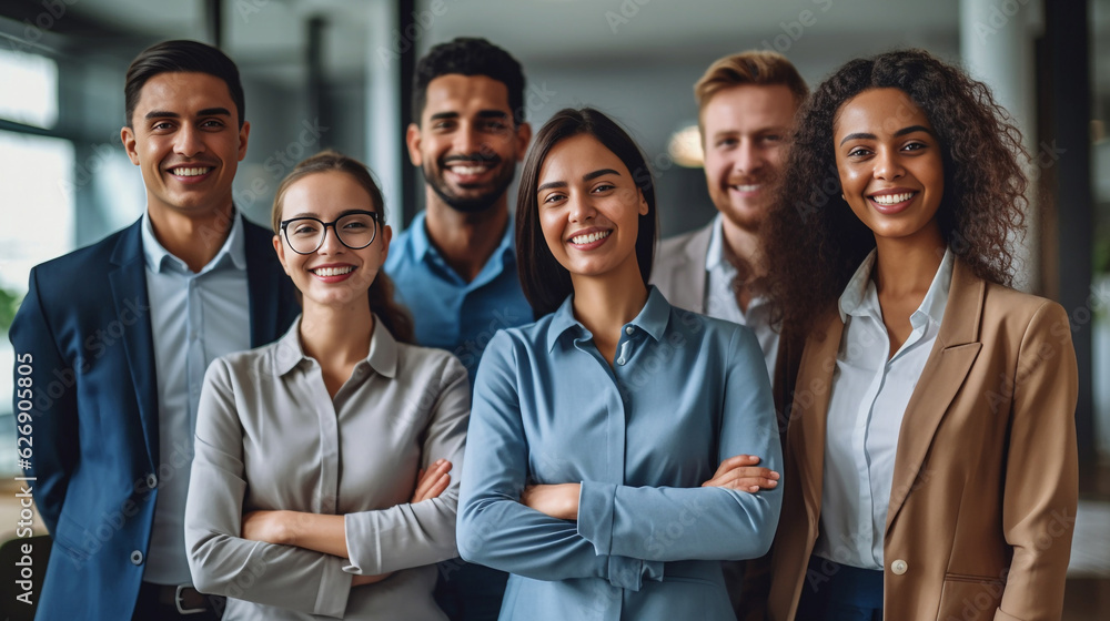 A diverse group of businesspeople poses for a professional team photo, exuding confidence and professionalism, while looking smart and impeccable. Generative AI. A diverse group of businesspeople poses for a professional team photo, exuding confidence and professionalism, while looking smart and impeccable. Generative AI.
