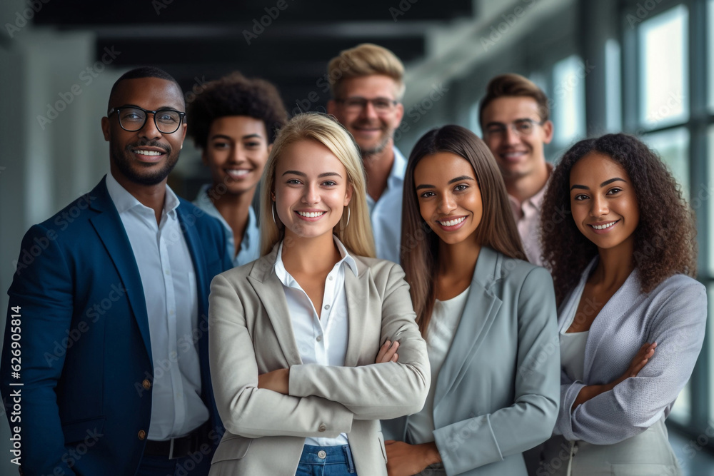A diverse group of businesspeople poses for a professional team photo, exuding confidence and professionalism, while looking smart and impeccable. Generative AI. A diverse group of businesspeople poses for a professional team photo, exuding confidence and professionalism, while looking smart and impeccable. Generative AI.