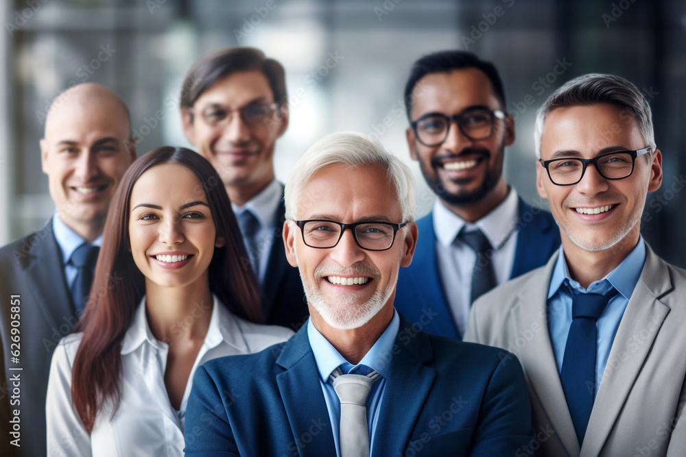 A diverse group of businesspeople poses for a professional team photo, exuding confidence and professionalism, while looking smart and impeccable. Generative AI. A diverse group of businesspeople poses for a professional team photo, exuding confidence and professionalism, while looking smart and impeccable. Generative AI.