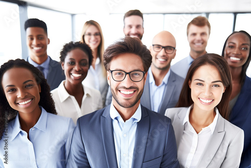 A diverse group of businesspeople poses for a professional team photo  exuding confidence and professionalism  while looking smart and impeccable. Generative AI.