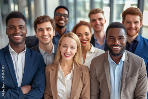 A diverse group of businesspeople poses for a professional team photo  exuding confidence and professionalism  while looking smart and impeccable. Generative AI.