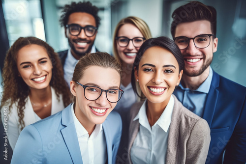 A diverse group of businesspeople poses for a professional team photo, exuding confidence and professionalism, while looking smart and impeccable. Generative AI.