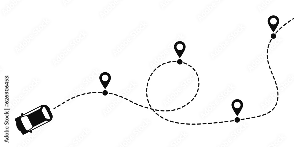 Obraz premium Car travel route, car travel path icon. A car path in the form of a dotted line with a map pin icon
