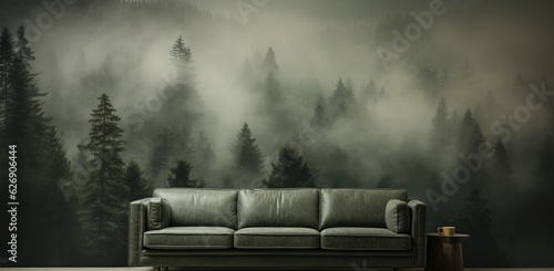 Generative AI, Interior design with couch, sofa and wallpaper of fir forest beautiful landscape in hipster vintage retro style, foggy mountains and trees. © DELstudio