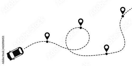 Car travel route, car travel path icon. A car path in the form of a dotted line with a map pin icon