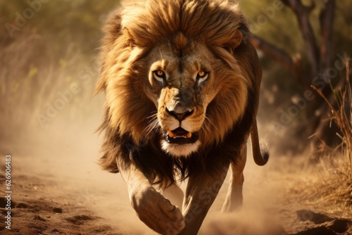 Lion is running, front view. Beautiful illustration picture. Generative AI