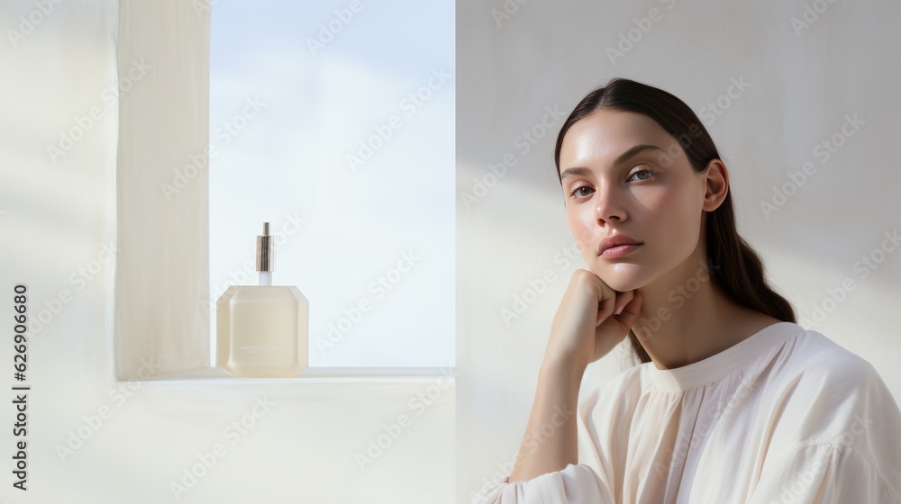 woman and bottle of perfume sunny peaceful mood woman and bottle of perfume sunny peaceful mood