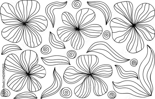 Hand drawn outline flowers. Trendy botanical black paint floral set. Modern naive groovy decorations. Abstract contemporary vector illustration. Perfect for posters, banners cards ect.