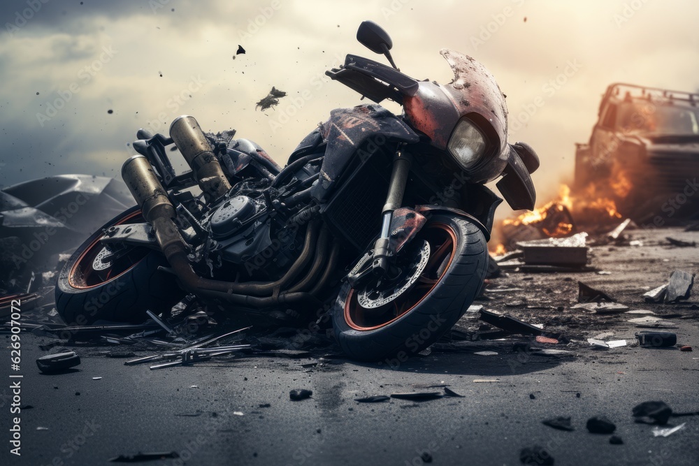 Fototapeta premium Motorcycle crush on the road. Beautiful illustration picture. Generative AI