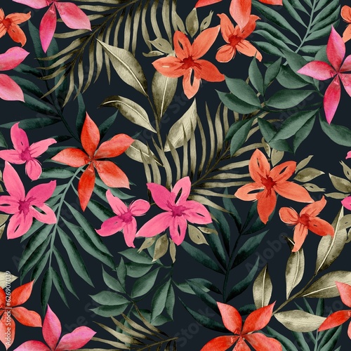 Watercolor flowers and foliage pattern  red and pink tropical elements  green leaves  black background  seamless