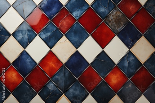 Ancient pattern of mosaic in red, white, and blue colors. Beautiful illustration picture. Generative AI
