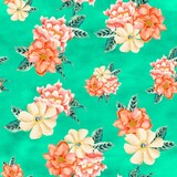 Watercolor flowers pattern, orange tropical elements, green leaves, green background, seamless