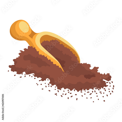 Ground cocoa, wooden spoon of cocoa powder. Vector illustration