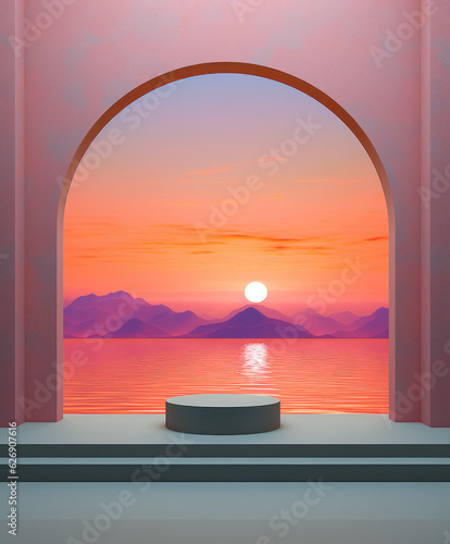 The wall is lit by an orange light, under a pink and orange sunset, in the style of optical illusion paintings, light purple and aquamarine, circular shapes, calm waters, Ai Generative