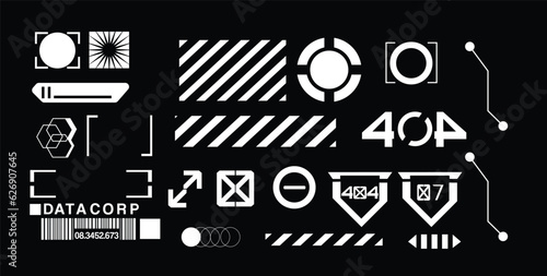 Cyberpunk decals set. Set of vector stickers and labels in futuristic style. Inscriptions and symbols, Japanese hieroglyphs for danger, attention, AI controlled, high voltage, warning.