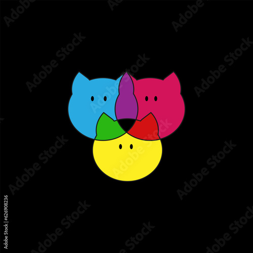 Color composition rule, blue, yellow and red seals mix. Print, designer logo, cute colorful cats