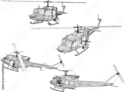 Sketch vector illustration of a stealth air combat troop heli vehicle with guns