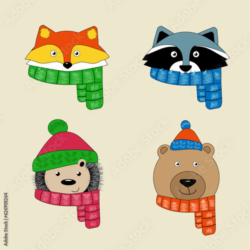 Set of forest animals in a scarf and hat. Isolated icons, badges, elements raccoon, bear, fox, hedgehog. cute cartoon characters.