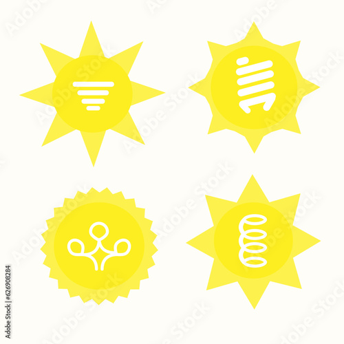 The sun of various shapes in the center of which is an energy-saving light bulb. logo еnergy saving, solar panels. Icons, isolated elements of a light bulb inside the sun, different shapes.