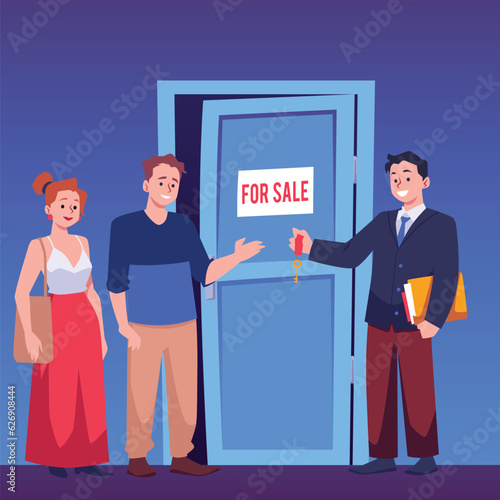Man in suit giving house key to smiling young couple flat style, vector illustration