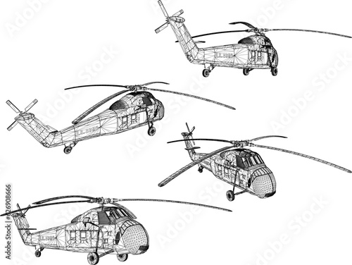 Sketch vector illustration of a stealth air combat troop heli vehicle with guns
