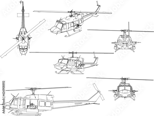 Sketch vector illustration of a stealth air combat troop heli vehicle with guns